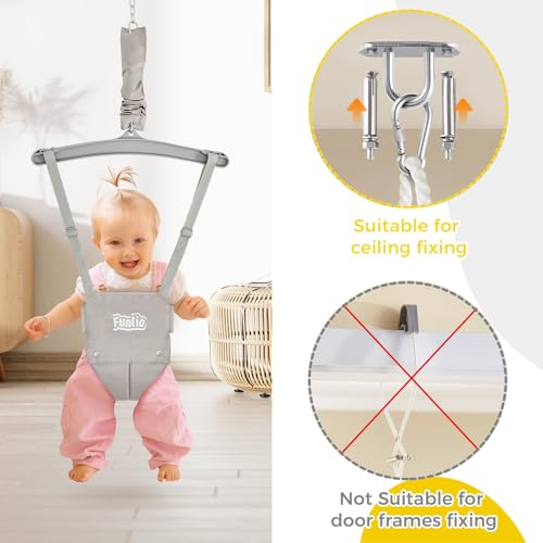 Miniatura 2 de Funlio Saltador De Puerta Con Un Gancho De Techo Para Bebé, 6-24 Meses Juego De Ejercicio De Columpio Para Jugar En Interiores Exteriores Para Bebé, Cadena Ajustable, Fácil De Montar Y Almacenar-Gris