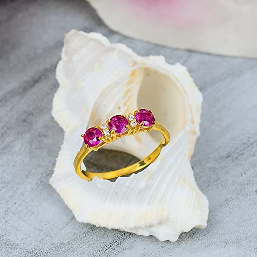 3 Stone Rings | New Cocktail Cubic Zirconia Rings For Woman & Girls | 4 Mm Round Ruby Gemstone Ring | 925 Silver Statement Band | Mother's Day Special Gift (14K Yellow Gold, 10) #TOP3