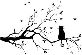 Black Tree Branches Wall Stickers Nursery Leaves, DIY Removable Vinyl Wall Art Wallpaper Decal Mural Home Decor for Living Room, Bedroom, and Farmhouse Decor (Cat)
