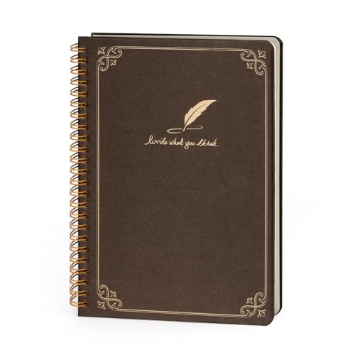 WETLOTE Cuaderno Rayado Espiral A5, Papel 80 g/m², 160 Páginas, Cubierta Marrón con Pluma Dorada, Cierre Elástico y Bolsillo (14 x 21 cm)