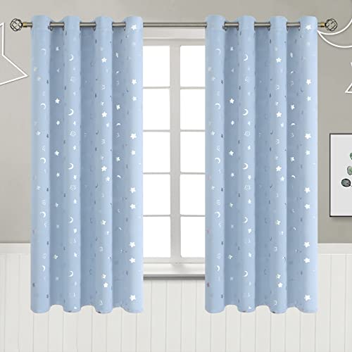 Image of BGment Nursery Curtains for Boys Bedroom, Star and Moon Blackout Curtains for Kids Room, Girls Thermal Insulated Room Darkening Window Curtains Drapes with Grommet 63 Inch Long, Spa Blue, 52 Wide