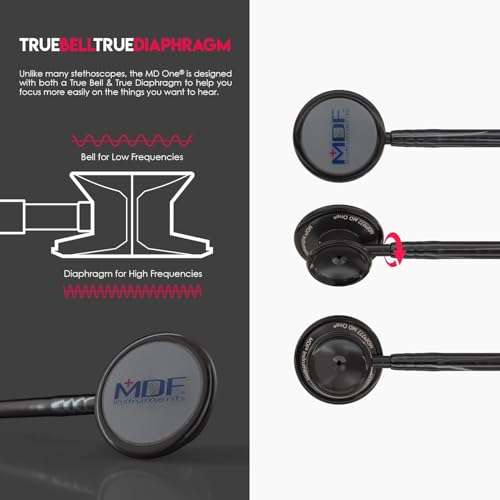 MDF Instruments, MD One Stainless Steel Premium Dual Head Stethoscope, Adult, Black Tube, Black Chestpieces-Headset, MDF777BO