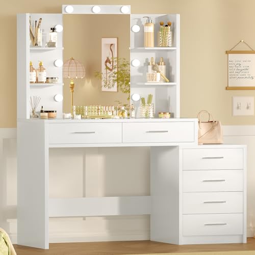 Image of FIONESO 43.3 inch W Vanity Desk with Mirror and 9 LED Lights, Makeup Vanity with 6 Drawers, 6 Open Shelves, 3 Color Modes & Adjustable Brightness, Dressing Table for Girls Bedroom, White
