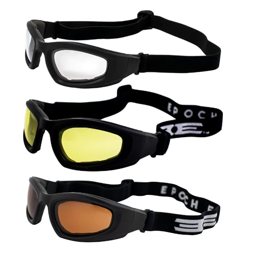 Epoch Eyewear Padded Motorcycle Goggles with 3 Pair Black Frames and Clear Yellow & Amber Lenses
