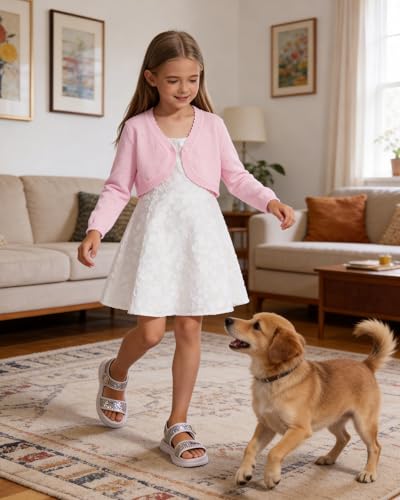 Image of Girls Cardigan, Girls Bolero Shrug Sweater, Kids Knit Hollow Out Long Sleeve, Button Cover Up Cropped Tops