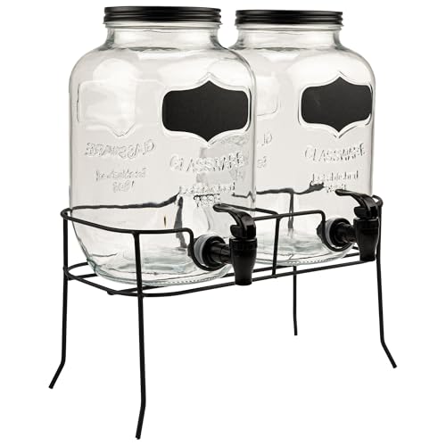 FESTA ITALIA Getränkespender 2er Set Mit Zapfhahn Und Ständer 2x4L - Doppel Limonadenspender Aus Glas Mit Deckel Für Wasser Saft Eistee Und Bowle Wasserspender Für Party Und Garten