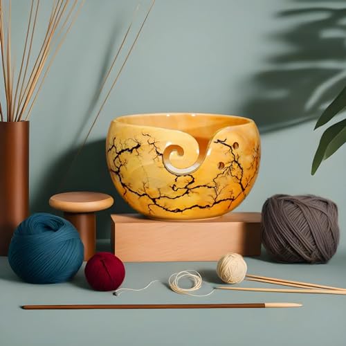 Image of Wooden Yarn Bowl for Knitting and Crocheting | Handmade Yarn Bowl | Large Yarn Bowl Yellow Wood Yarn Bowl Best Gift for Mom