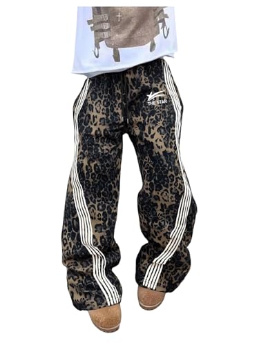 Verdusa Men's Striped Baggy Pants Leopard Print Drawstring Lightweight Loose Trousers