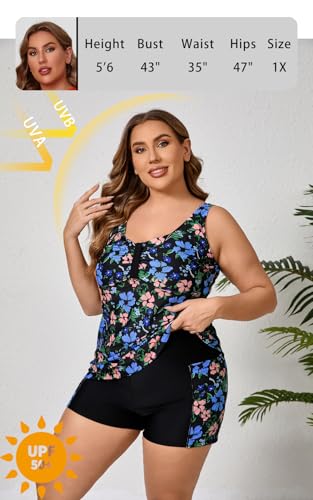 Halcurt Women's Plus Size Two Piece Bathing Suits Tankini Set with Shorts Pocket Tummy Control Swimsuit2