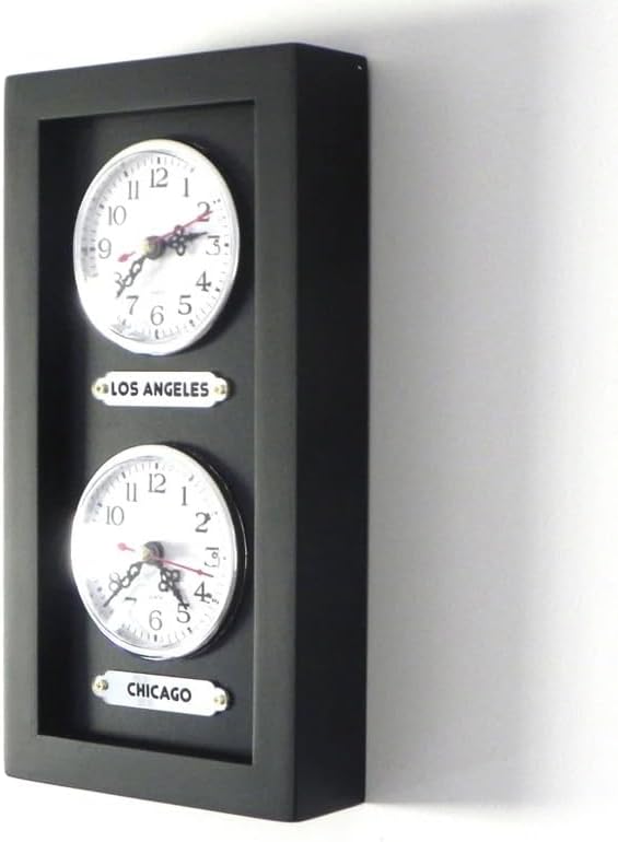Black Wall Clock with 2 Labels. Customizable Labels.Two Separate Zone Clocks. 2-Zone Clock for Wall. Time Zone Clock.