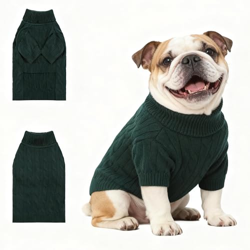 Image of Small /Medium Dog Sweater, Warm Dog Winter Coat w /Sleeves, Comfortable High Neck Premium Dog Clothes for Bulldog-Best for Holidays, Daily Walks L Green
