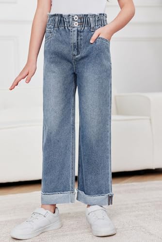 Haloumoning Girls Jeans Kids Elastic Waist Straight Leg Pull on Denim Pants with Pockets 4-14 Years4