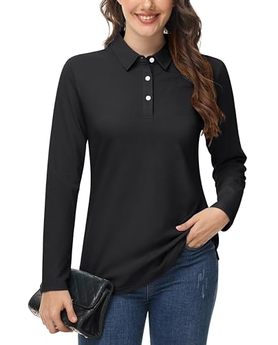 MAGCOMSEN Women's Polo Shirts Long Sleeve Cotton Collared T Shirt Golf Shirt Business Casual Tee Uniform Tops 3-Button