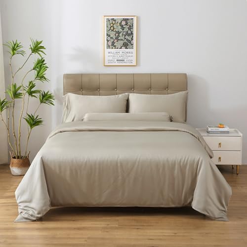 THE MYSTIC LOOM 4 PCS 100% Organic Bamboo Bedding Set - Duvet Cover, 17" Fitted Sheet & Pillowcases | 400 TC Bamboo Fabric, Luxury Hotel Quality | Super Soft & Breathable (Oak, Double)