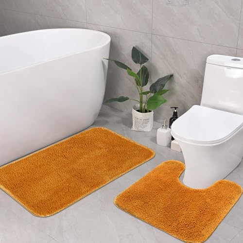 Image of Pano Microfiber Anti Slip Bathmat Set with Contour, Soft & Super Absorbent Mats for Shower, Washable, Non-Slip & Quick-Drying Mats for Home, Kitchen, Office, Pack of 2 (Gold, 50X75 Cm & 50X50 Cm)