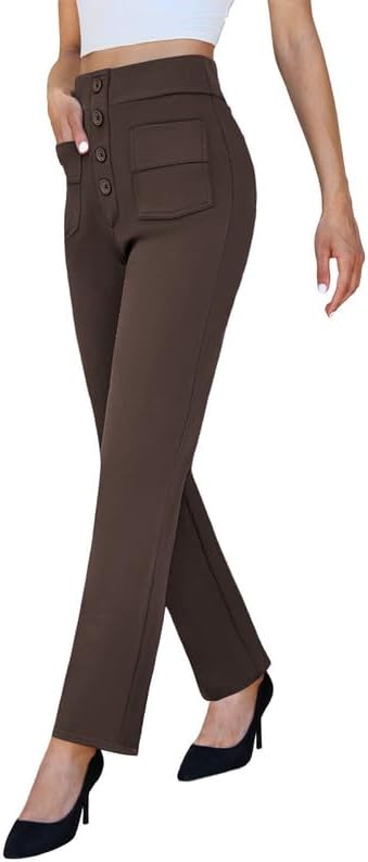 keriffe High Waist Stretchy Womens Dress Pants with Pockets Straight Leg Business Casual Work Trousers Office Slacks