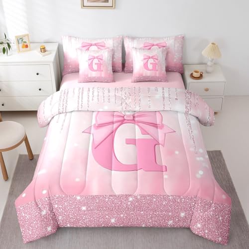 Image of Feelyou Kids Pink Bowknot Bed in A Bag Full Size, Personalized Initial G Comforter Set with Sheets Princess Glitter 7 Pieces Bedding Set Boys Girls Bow Alphabet Teens Bed Set Bedroom Decor 7Pcs