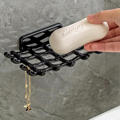Image of Soap Holder for Bathroom Stickable | 02 Pcs Premium Soap Stand for Bathroom | Soap Stand Adhesive for Bathroom | Self Adhesive Soap Holder | Sabun Stand Black (1, Grid SOAP Box)