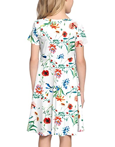 21Kids Girls Floral Dress Kids Casual Short Sleeve Short Dress Midi Dress With Pockets, White, 6 Years #TOP5
