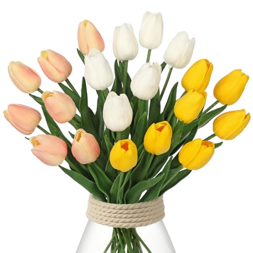 Image of 20 Pcs Artificial Tulips Flowers Mixcolor Real Touch Fake Tulips Fake Flowers for Mother's Day 13.5 inch Faux Tulips Faux Flowers Bulk Artificial Tulips Flowers for Vase Centerpieces Home Wedding Bouquet