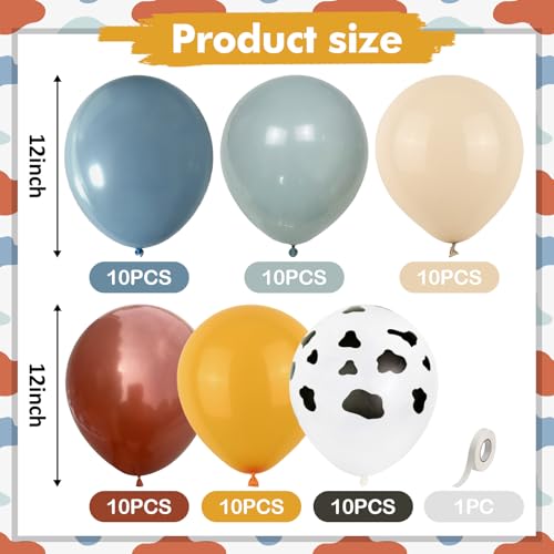 Image of Cow Print Balloons, 12 Inch Cowboy Dusty Slate Blue Brown Yellow Sand White Latex Party Balloon Western Balloons for Kids Boys First Rodeo Baby Shower Farm Country Wild West Birthday Party Decorations