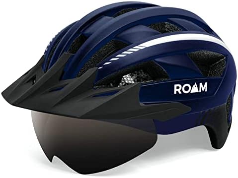 Roam Road Bike Helmet – Durable Helmets for Adults with Sun Visor, LED Light and Detachable Magnetic Goggles – Adjustable Size – Mountain Bicycle Helmet for Adult Men & Women﻿