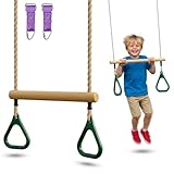 Wooden Trapeze Swing Bar for Kids - 18" Adjustable Height Monkey Bars Rings Swingset Accessories - Ninja Warrior Obstacle Course for Kids - Jungle Gym Accessories Playground Attachments