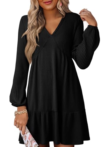 Dokotoo Fall Dresses for Women 2025 Long Sleeve V Neck Lightweight Ribbed Knit Empire Waist Casual A Line Swing Mini Dress