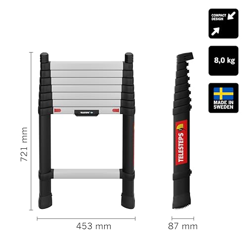 Teleskopleiter 2,6m von TELESTEPS I Made in Sweden I Prime Line I Kompakte Qualitätsleiter mit patentiertem Premium Design I Dreieckige Holme I EN 131 Zertifiziert I 72226-541
