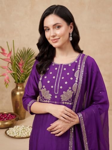Image of INDO ERA Women's Silk Blend Embroidered Thread Work Straight Kurta & Pant with Dupatta Set | Kurta Sets For Woman