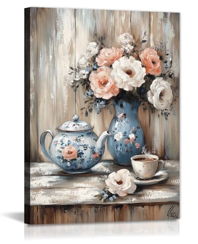 GLOKAKA Vintage Kitchen Wall Art Blue White Floral Teapot and