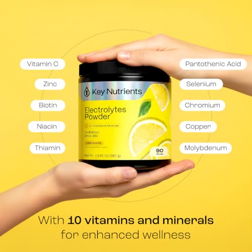 KEY NUTRIENTS Multivitamin Electrolytes Powder No Sugar - Refreshing Lemonade Electrolyte Powder - Sodium & Energy Supplement - Hydration Powder - No Calories - 90 Servings - Made in USA