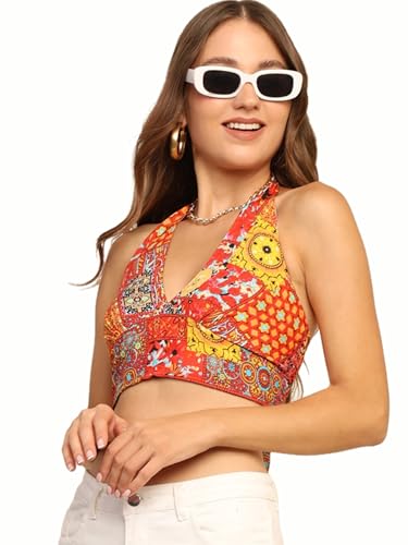Image of KE KANHA EXPORTS Halter Neck Wrap Top|top for Women|Backless Tops for Women|Halter Neck Tops|Adjustable wrap Waist|Boho Beach Border Print|Easily fits S-M|Bust30-36Inch|LengthUpTo 18Inch