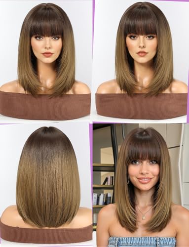 WOKESTAR Staright Wig with Fringe Synthetic Mid-length Layered Wigs for Women Ombre Brown Color, 22 inches - Image 2