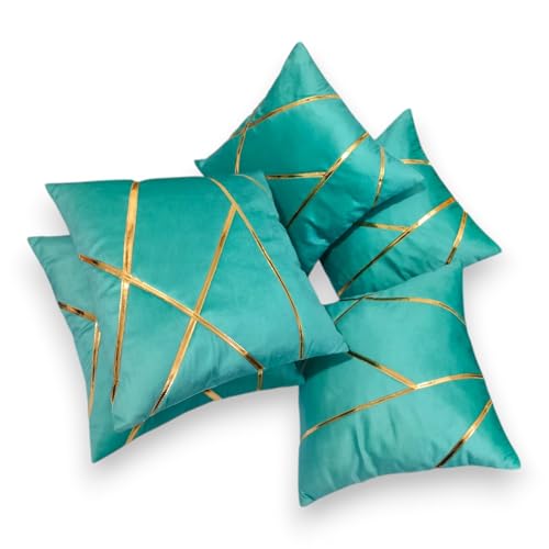 Image of Zikrak Besur Gold Stripe On Velvet|Pack of 5 Cushion Cover|for Home Decoration|Living Room Decor|Hotel Premeuim Qulaity Cushion Cover|Exclusive ON Amazon (Aqua, 20 X 20 INCH(50 X 50 CM))