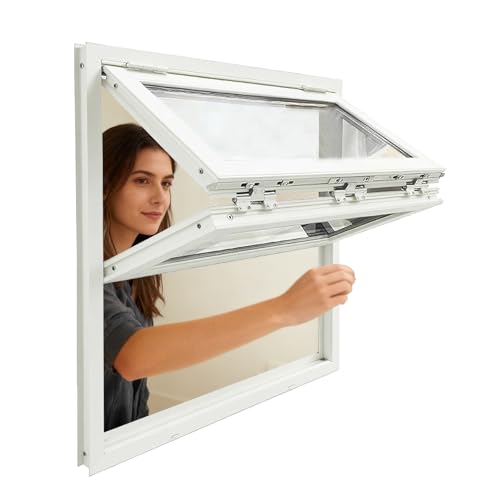 フードトラック用サービングコンセッションウィンドウ、アルミ合金製手動スライド窓 フラッシュマウント、5MM強化ガラス付き垂直サービングウィンドウ、安全ロック付き手動折りたたみ窓業務用キッチン、物置、バー用(White,WxH 86x97cm)