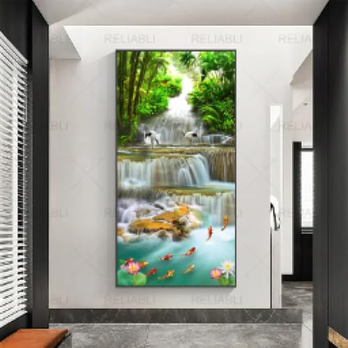 Toile murale encadrée arbre lotus cascade - Tableau paysage naturel moderne salon