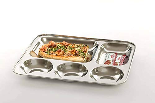 Image of 5 in1 Round Extra Deep Compartment Divided Plate, Thali, Bhojan Thali, Mess Tray, Dinner Plate Set Kitchen & Dining, Silver - Set of 8