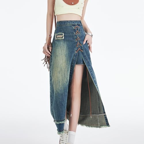 Women's High Waist Denim Skirt Lace Up Side Split Raw Edges Hem A Line Trendy Long Jean Skirt2