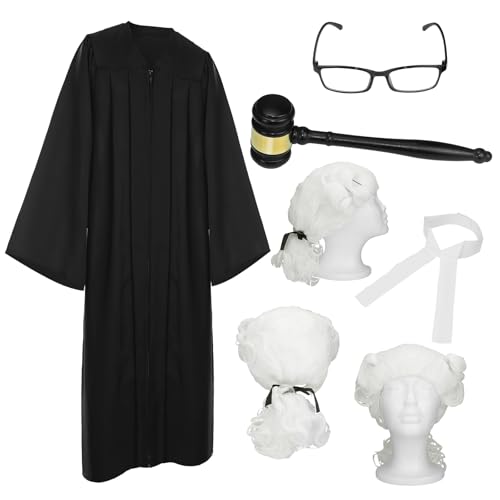 Xaztr Costume de Juge Adulte 5 Pièces, Déguisement Juge avec Robe Noire, Perruque Blanche, Lunettes à Monture Noire, Nœud Papillon et Marteau en Bois, Kit...