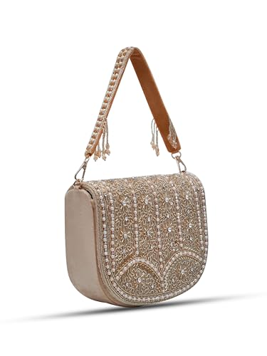 Image of THE TAN CLAN Kavya Beige Flap Over Bag Clutch Purses Luxury Evening Handbags with Handle