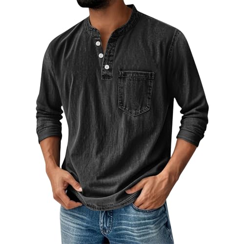 Mokaloha Mens Shirts Long Sleeve Retro Henley Shirts Stand Collar Pocket Casual Distressed Shirt Fall Winter Tops