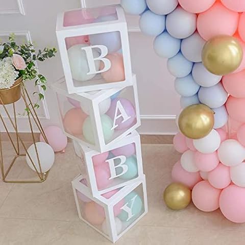Baby Shower Boxes Party Decorations – 4 pcs Transparent Balloons Boxes Décor with Letters Baby Blocks Design for Baby Shower Gender Reveal Backdrop Cover