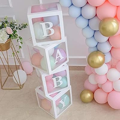 Baby Shower Boxes Party Decorations 4 pcs Transparent Balloons Boxes Decor with Letters Baby Blocks Design for Baby Shower Gender Reveal Backdrop