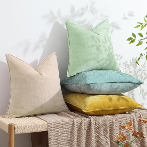 decorUhome Couch Throw Pillow Covers 18x18 Set of 2, Decorative Soft Euro Neutral Chenille Pillow Covers with Elegant Design for Sofa Bed Living Room Home Decor, Beige