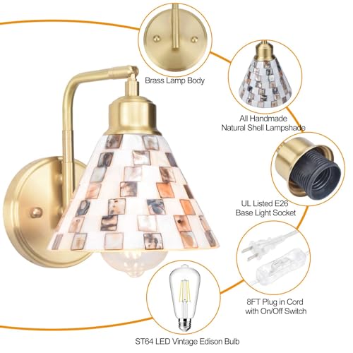 Image of Mother-of-Pearl Shell Brass Wall Sconce, Natural Shell Mosaic Shade Modern Wall Lamp with Edison LED Bulb, Plug-in or Hardwire Bedside Wall Light for Living Room, Bedroom, Hallway, Dining Room, Foyer