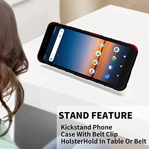 For Att Calypso 2 /Cricket Debut Case, With Tempered Glass Screen Protector Heavy Duty Protection Technology Built-In Kickstand Rugged Shockproof Protective Phone Case For Cricket Debut (Red) #TOP3