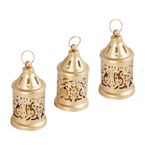 Image of Hanging Metal Tealight Candle Holder Lantern Set with LED Candle | Decorative Gold Hanging Lantern for Home Decor, Living Room, Dining Table, Balcony & Festive Gifting (Set of 3)