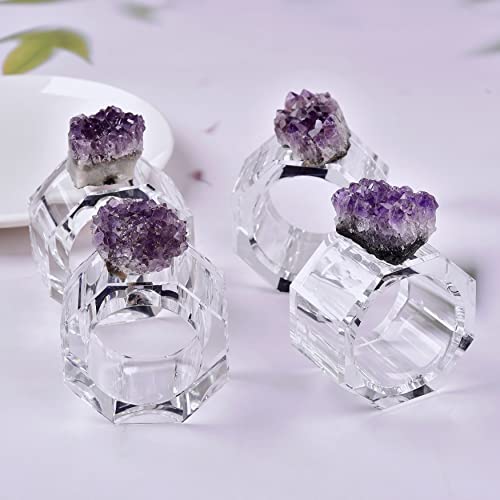 Cnyanfei 4Pcs Amethyst Geode Napkin Rings Natural Purple Crystal Napkin Holders For Dinner Table Decor Octagon Glass Raw Gemstone Home Gift #TOP7