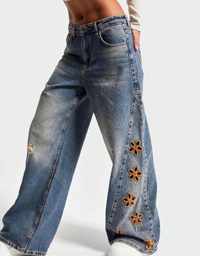 Women's Floral Embroidered Jeans Wide Leg Mid Rise Baggy Denim Pant Loose Fit Distressed Ripped Trousers3